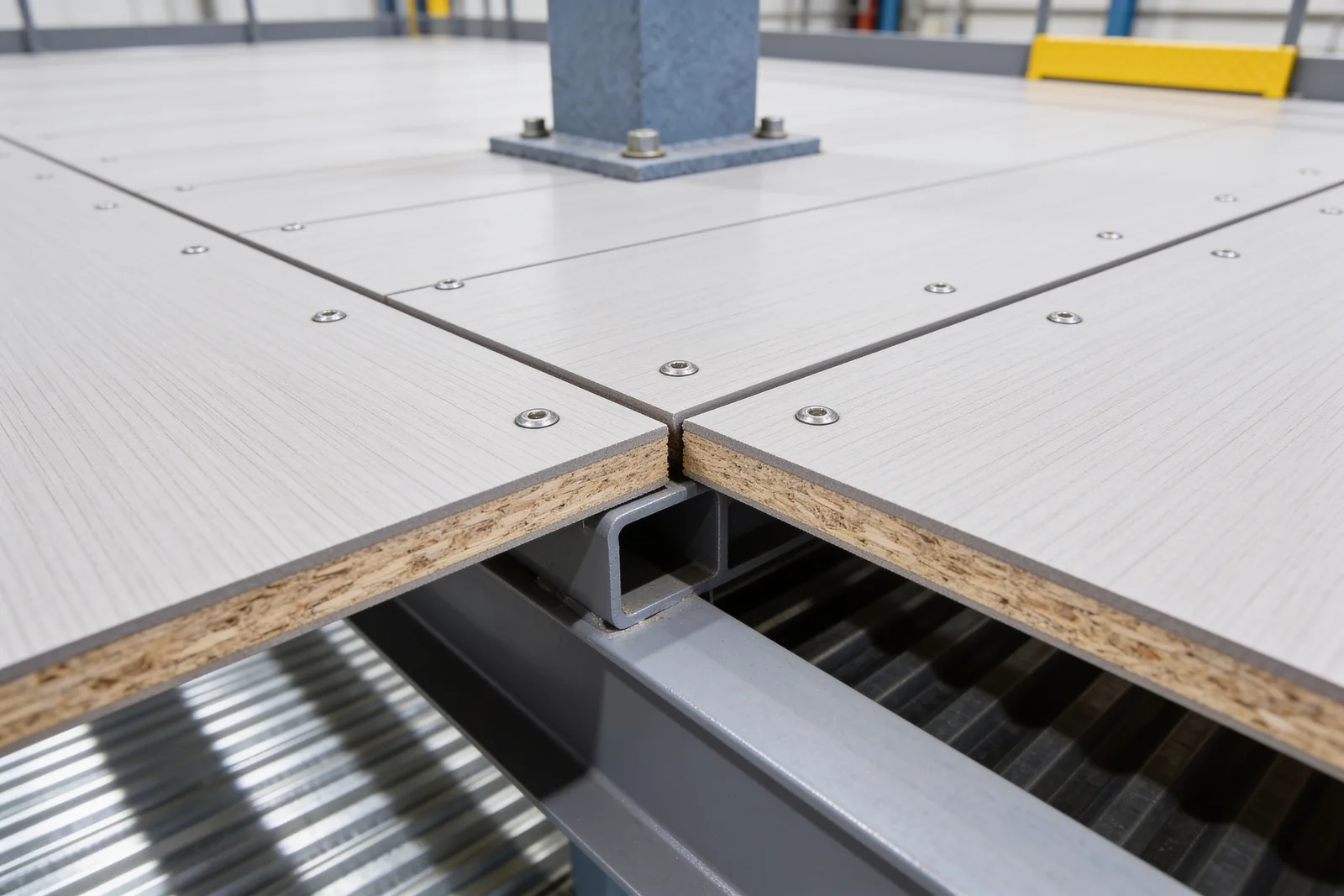 Close detail of a light-grey composite deck panel edge on an industrial mezzanine, showing the dense engineered wood core beneath a hard resin surface, countersunk screws along a tight panel seam, and the grey steel joist and corrugated B-deck supporting it from below