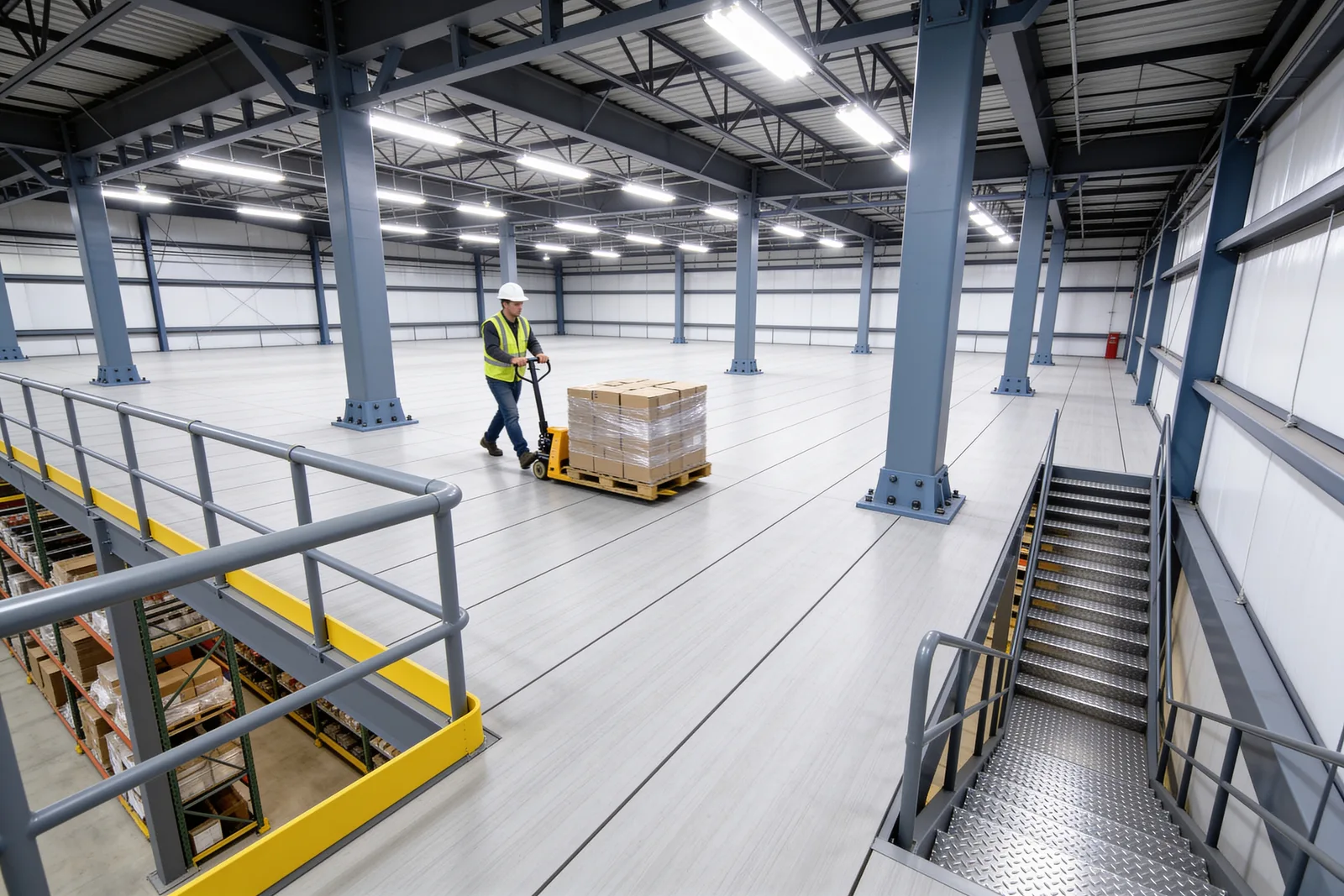 Worker in hi-vis vest and hard hat moving a loaded pallet across the smooth light-grey composite deck of a steel mezzanine, with grey guardrails and yellow kick plate at the open edge and galvanized tread stairs descending at right