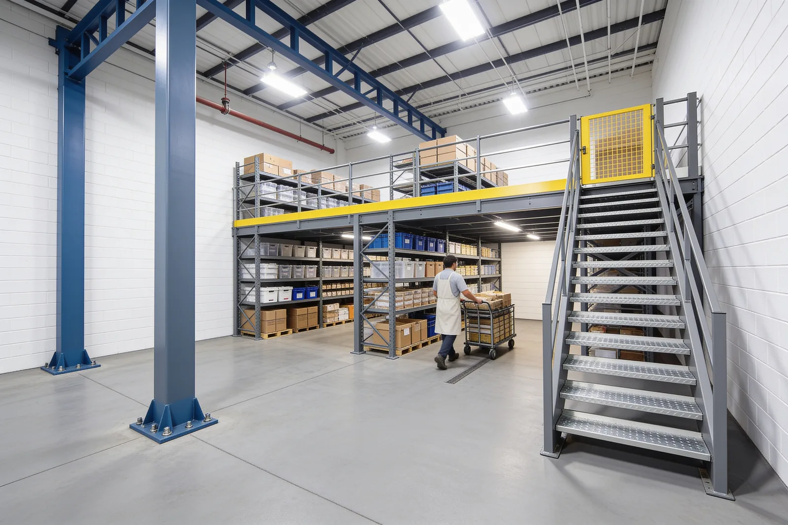 Back-of-house stockroom mezzanine: blue square-tube steel columns on bolted base plates carry an elevated deck edged with a safety-yellow fascia, boltless shelving holding cartons and totes fills the deck and the floor beneath it, and a galvanized dimple-tread stair with a safety-yellow mesh gate at the top landing rises at the right while an employee pushes a stock cart below