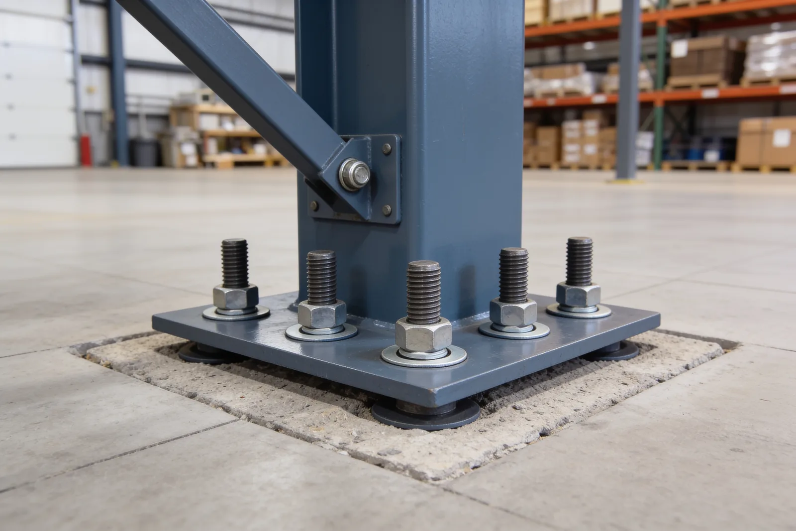 Slate-blue square steel mezzanine column on a thick base plate with six anchor bolts, nuts and washers over a grout pad in a concrete slab, with a diagonal brace bolted to a gusset on the column just above the base