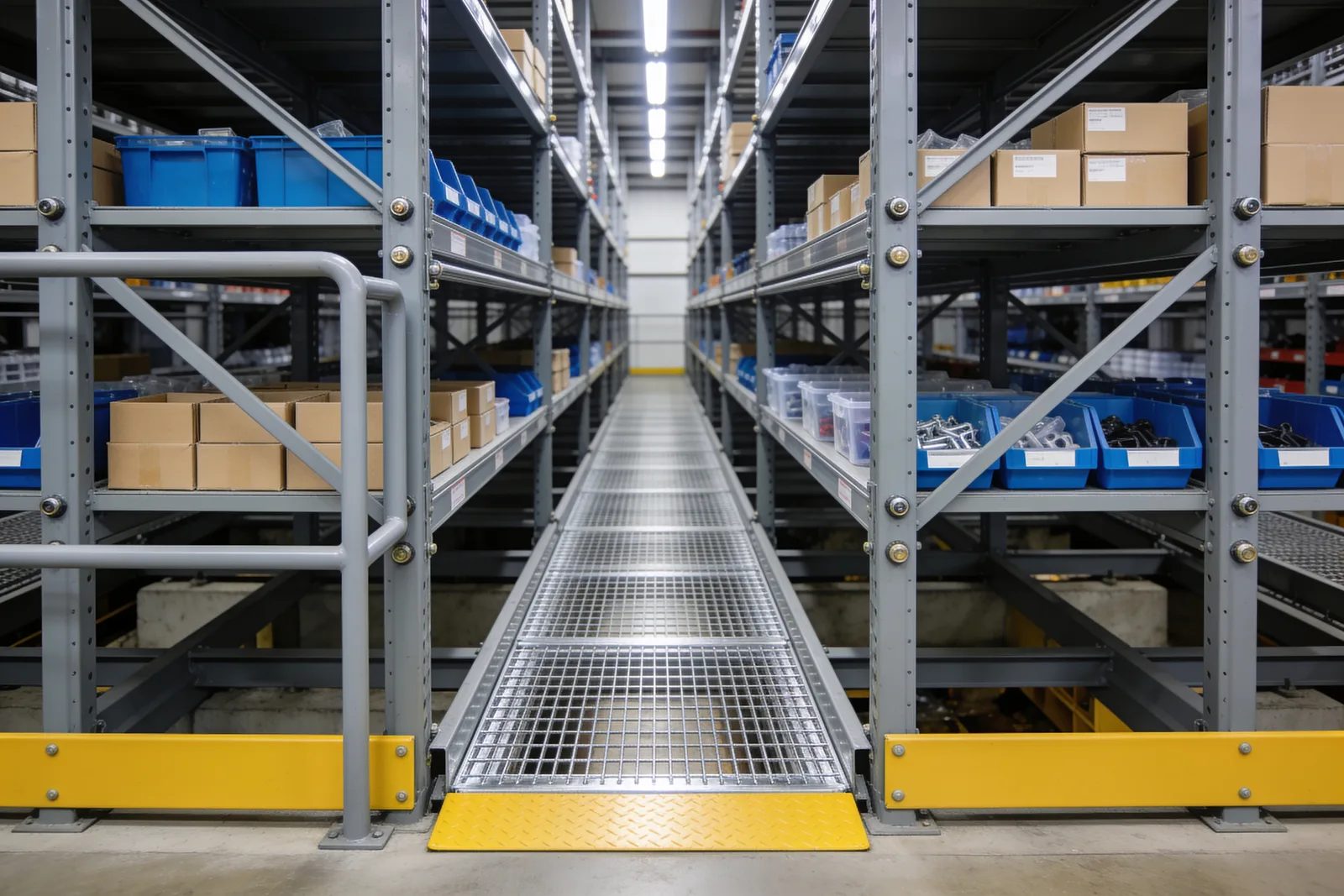 Narrow galvanized bar-grating walkway running between two facing rows of grey steel shelving filled with small cardboard cartons and blue parts bins, with a grey tube handrail and a safety-yellow toe plate guarding the open edge on the left