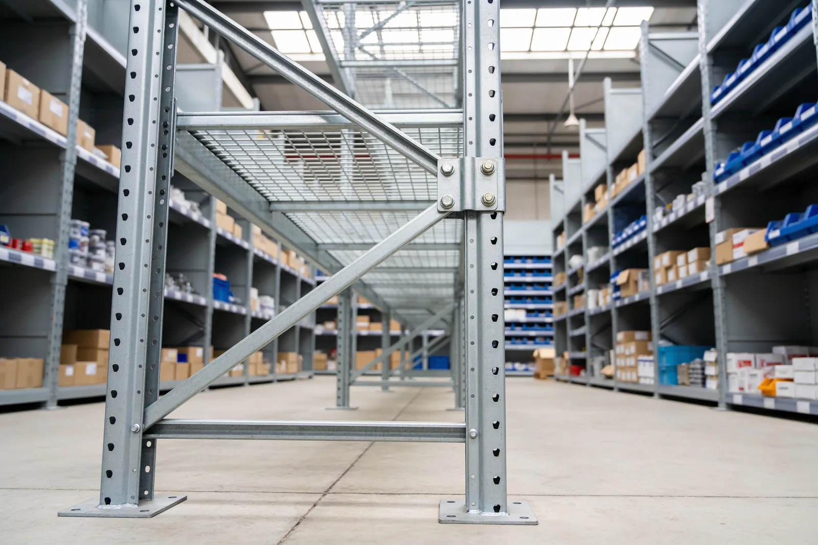 Close view of slim perforated galvanized shelving uprights standing on small base plates anchored into a concrete slab, with diagonal bracing between them and the bar-grating deck of the level above visible overhead, ground-level shelving bays holding small cartons and blue bins on either side