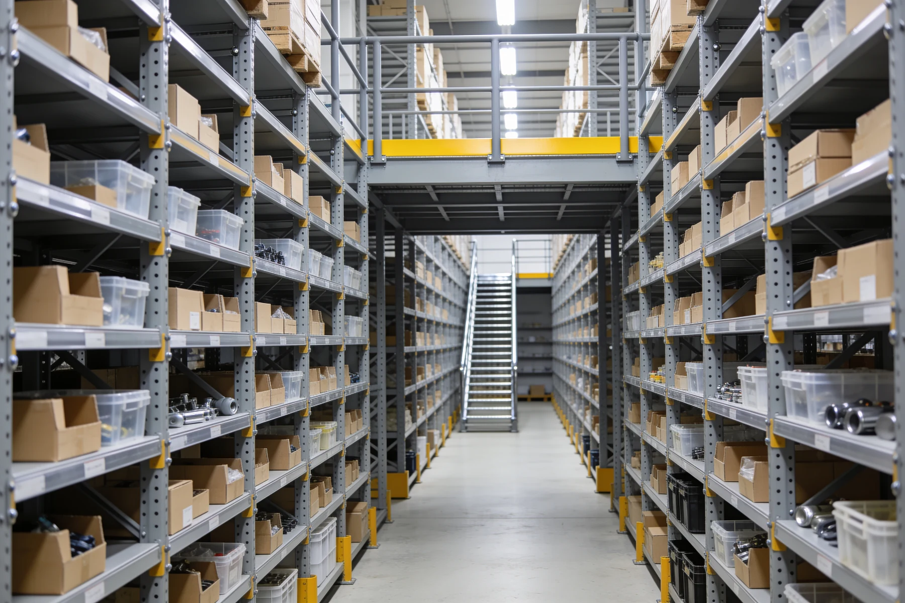 Long aisle between rows of grey light-duty steel shelving loaded with small cartons and clear parts bins, with an elevated second level overhead carrying more shelving behind a guardrail with a safety-yellow toe plate, and a steel staircase climbing to it in the background
