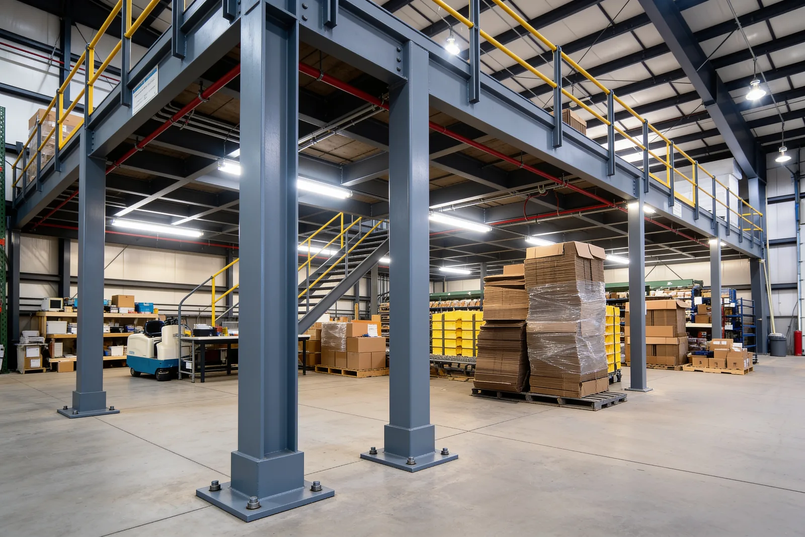 Under-deck bay of a steel storage mezzanine, with plain grey square-tube columns bolted to the slab on base plates, C-section beams overhead, and boxed and palletized goods stored under the deck alongside a work area