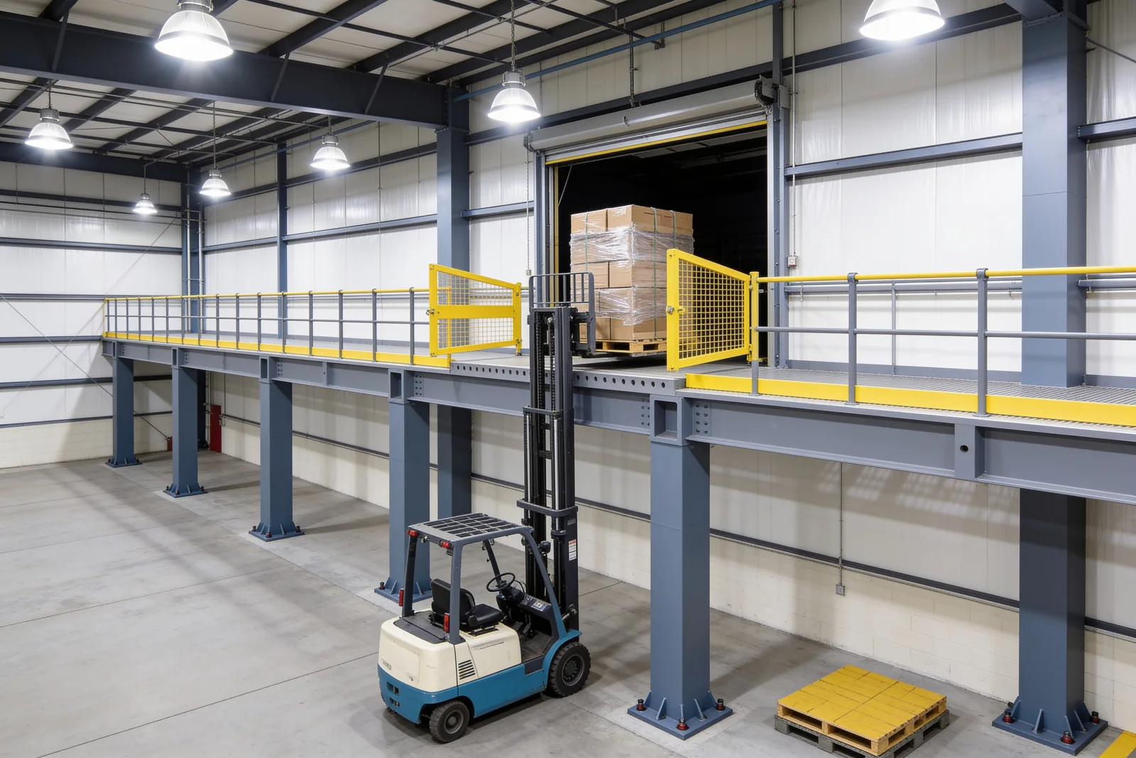 Pallet-transfer opening at the edge of a storage mezzanine deck: a safety-yellow mesh pivot gate set into the guardrail line with a wrapped pallet at the opening, and a forklift on the floor below with its mast raised toward the deck