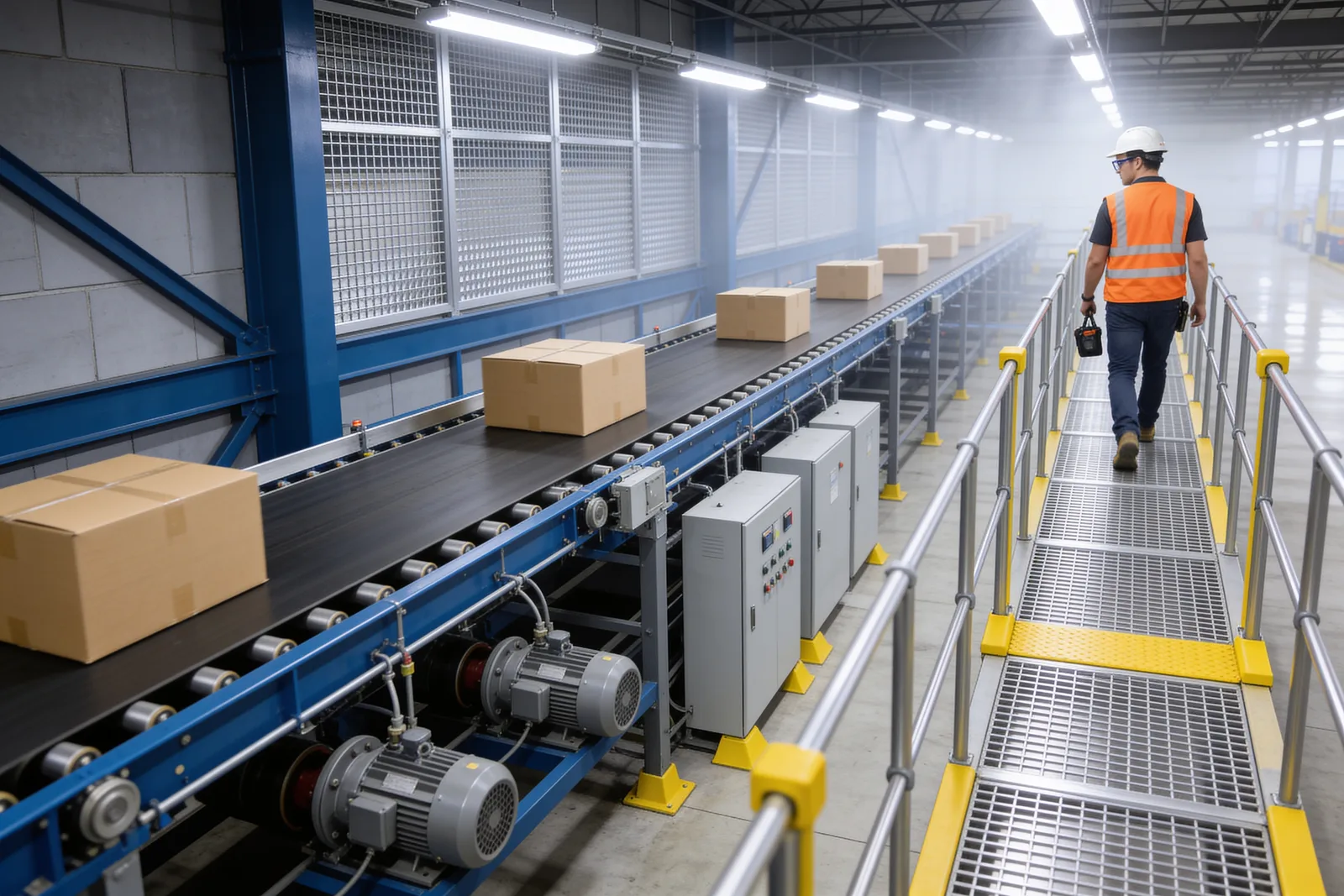 Narrow elevated steel maintenance walkway with guardrails on both sides running alongside a belt conveyor line, a technician in a hi-vis vest walking along it