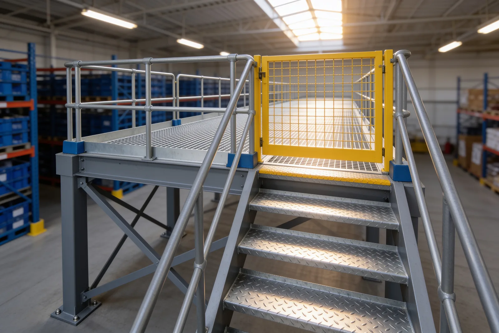 Galvanized steel stairway with diamond-plate treads rising to a landing where a safety-yellow mesh swing gate closes the opening in the guardrail onto an elevated grating walkway