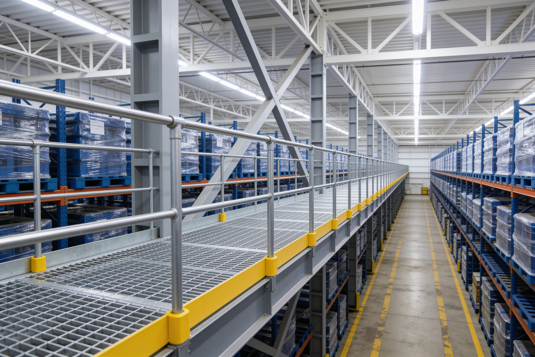 Elevated steel walkway with galvanized bar-grating decking, tubular guardrails and a safety-yellow toe plate running at rack height alongside loaded pallet racking above a warehouse aisle