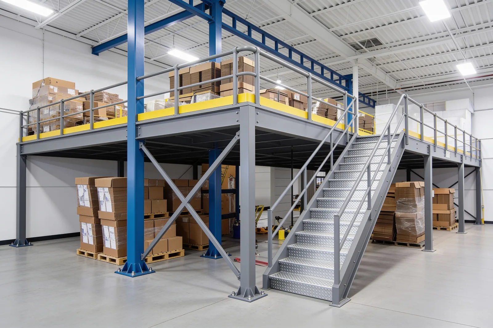 Free-standing steel mezzanine inside a warehouse with slate-blue square tube columns on bolted base plates, diagonal X-bracing, a grey tubular guardrail with safety-yellow kick plate along the deck edge, and a galvanized dimple-tread stair, with pallets of cartons stored both underneath the deck and on top of it