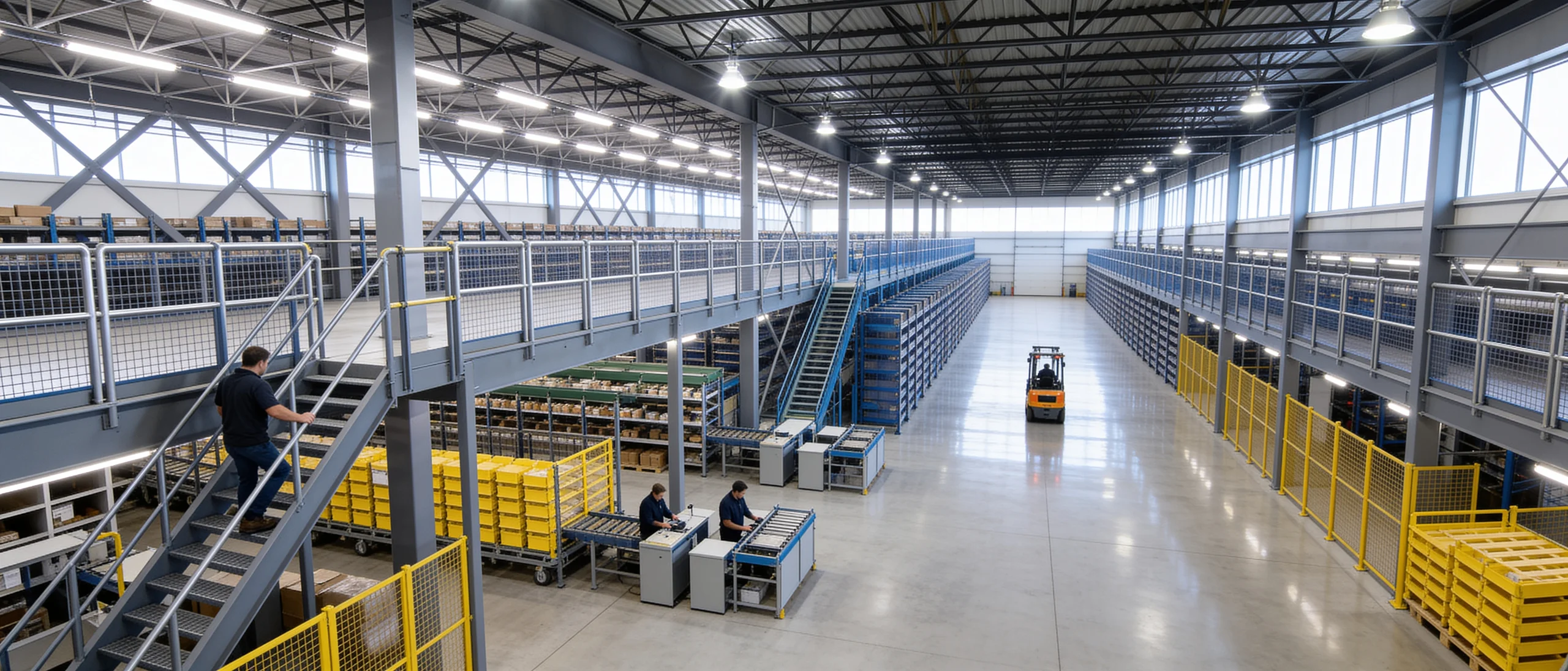 Large two-level steel mezzanine complex in a modern fulfillment center with grey square tube columns, wire-mesh guardrails and safety-yellow gates, workers and a forklift for scale